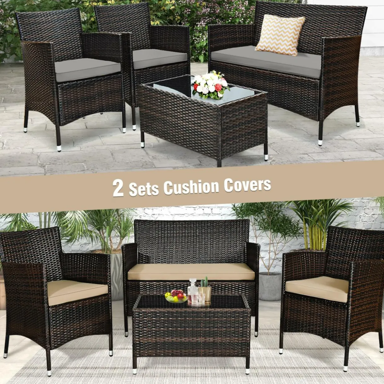 Tangkula 4-Piece Rattan Patio Furniture Set, w/Tempered Glass Coffee Table