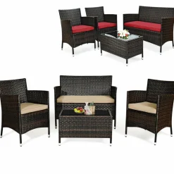Tangkula 4-Piece Rattan Patio Furniture Set, w/Tempered Glass Coffee Table