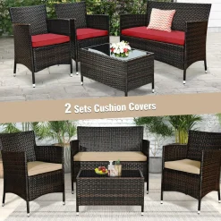 Tangkula 4-Piece Rattan Patio Furniture Set, w/Tempered Glass Coffee Table