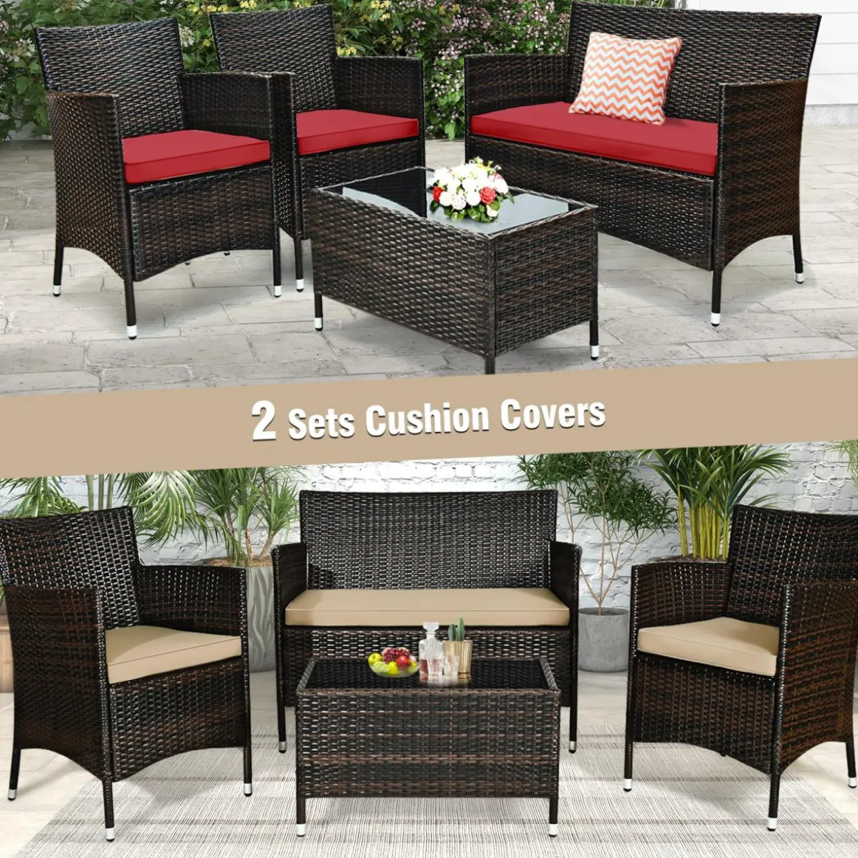 Tangkula 4-Piece Rattan Patio Furniture Set, w/Tempered Glass Coffee Table