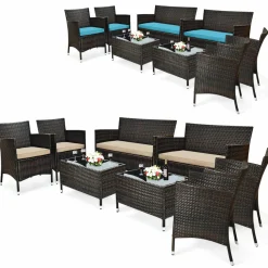 Tangkula 4-Piece Rattan Patio Furniture Set, w/Tempered Glass Coffee Table