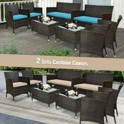 Tangkula 4-Piece Rattan Patio Furniture Set, w/Tempered Glass Coffee Table