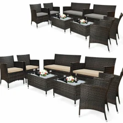 Tangkula 4-Piece Rattan Patio Furniture Set, w/Tempered Glass Coffee Table