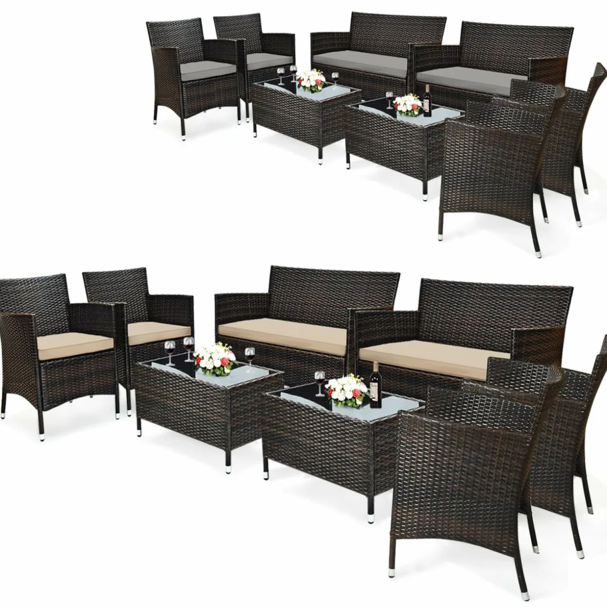 Tangkula 4-Piece Rattan Patio Furniture Set, w/Tempered Glass Coffee Table
