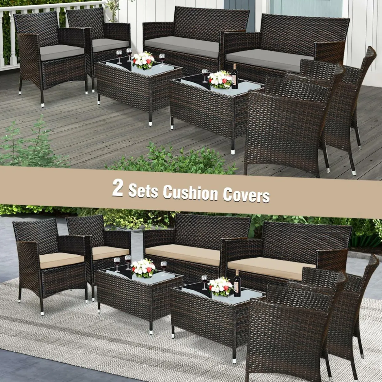 Tangkula 4-Piece Rattan Patio Furniture Set, w/Tempered Glass Coffee Table