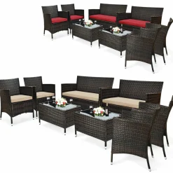Tangkula 4-Piece Rattan Patio Furniture Set, w/Tempered Glass Coffee Table