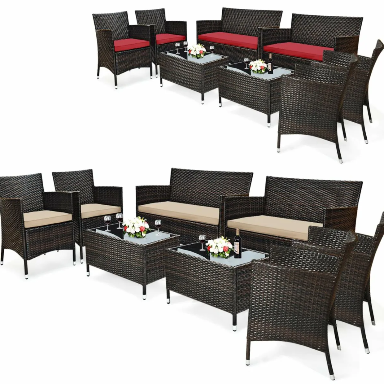 Tangkula 4-Piece Rattan Patio Furniture Set, w/Tempered Glass Coffee Table