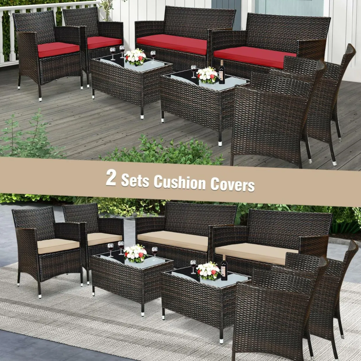 Tangkula 4-Piece Rattan Patio Furniture Set, w/Tempered Glass Coffee Table