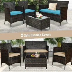 Tangkula 4-Piece Rattan Patio Furniture Set, w/Tempered Glass Coffee Table