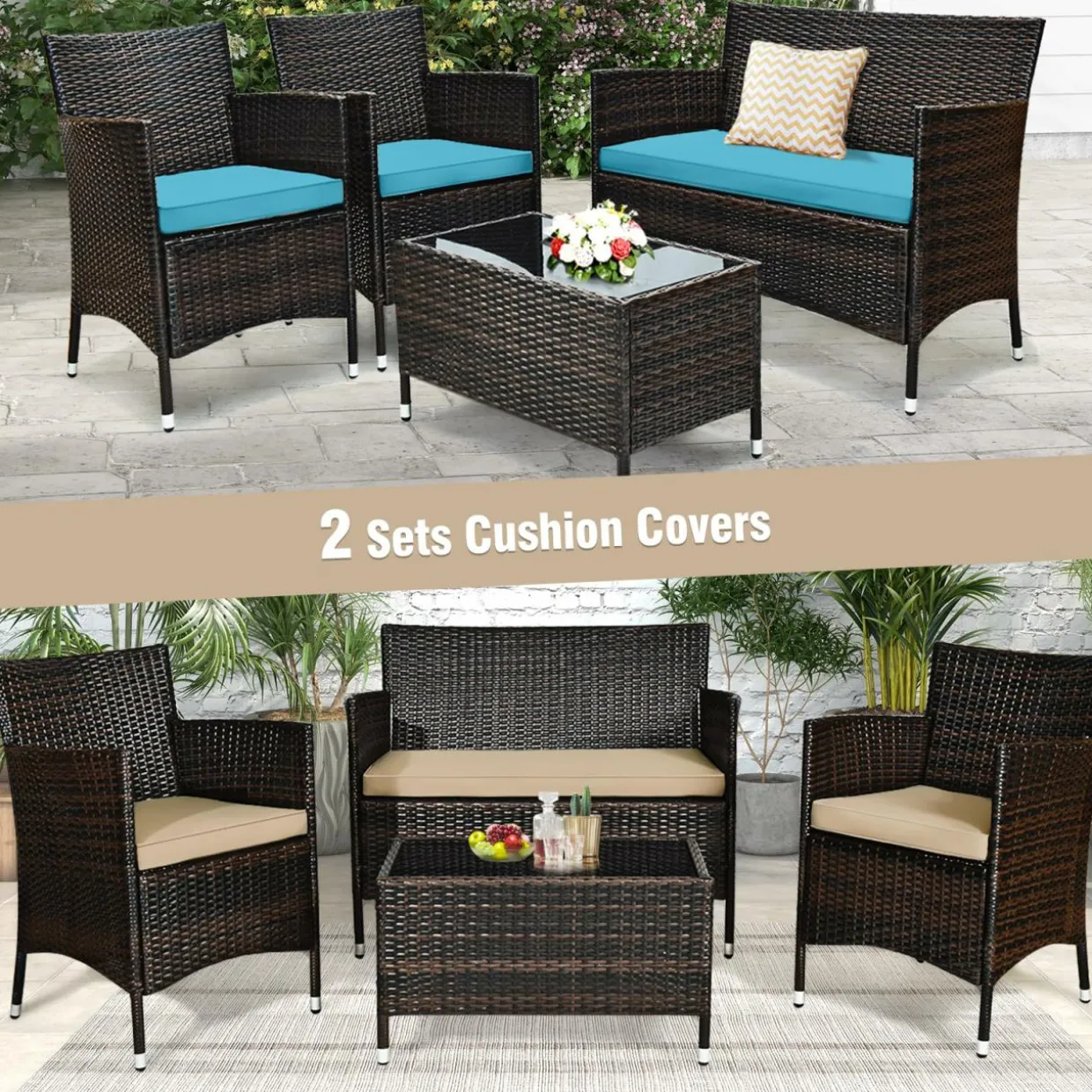 Tangkula 4-Piece Rattan Patio Furniture Set, w/Tempered Glass Coffee Table