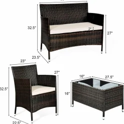 Tangkula 4-Piece Rattan Patio Furniture Set, w/Tempered Glass Coffee Table