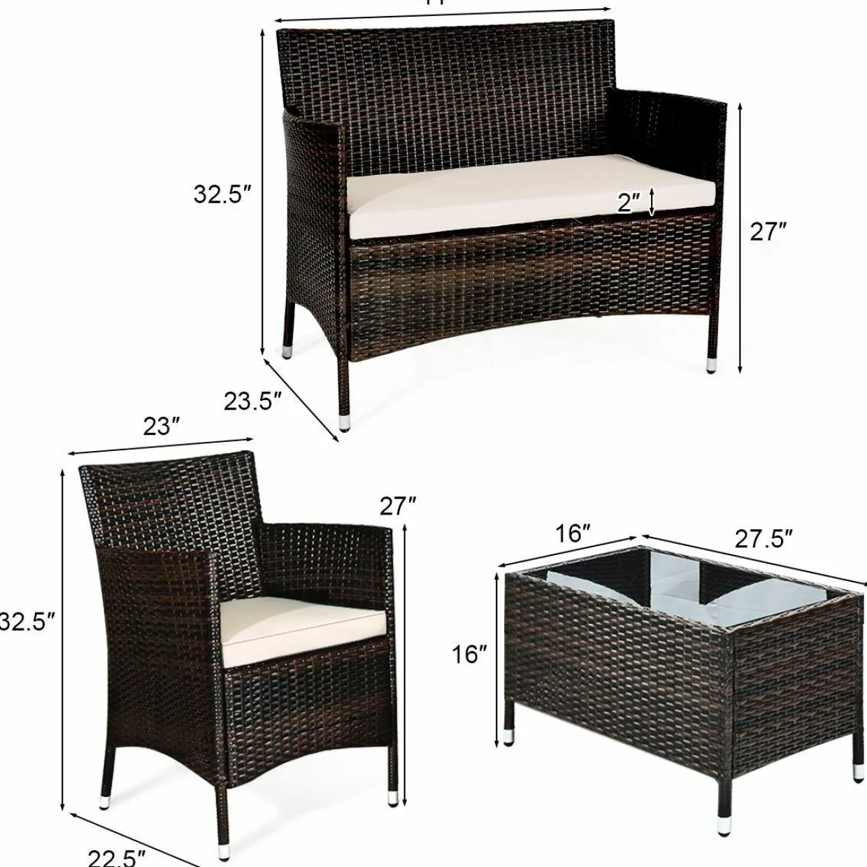 Tangkula 4-Piece Rattan Patio Furniture Set, w/Tempered Glass Coffee Table