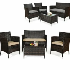Tangkula 4-Piece Rattan Patio Furniture Set, w/Tempered Glass Coffee Table