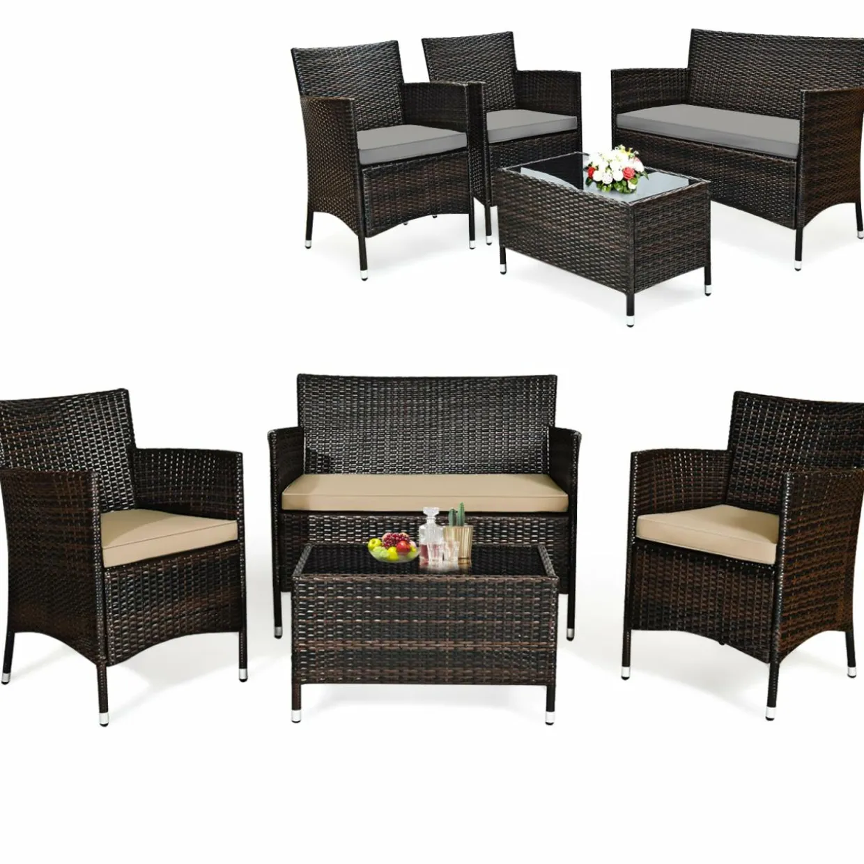 Tangkula 4-Piece Rattan Patio Furniture Set, w/Tempered Glass Coffee Table