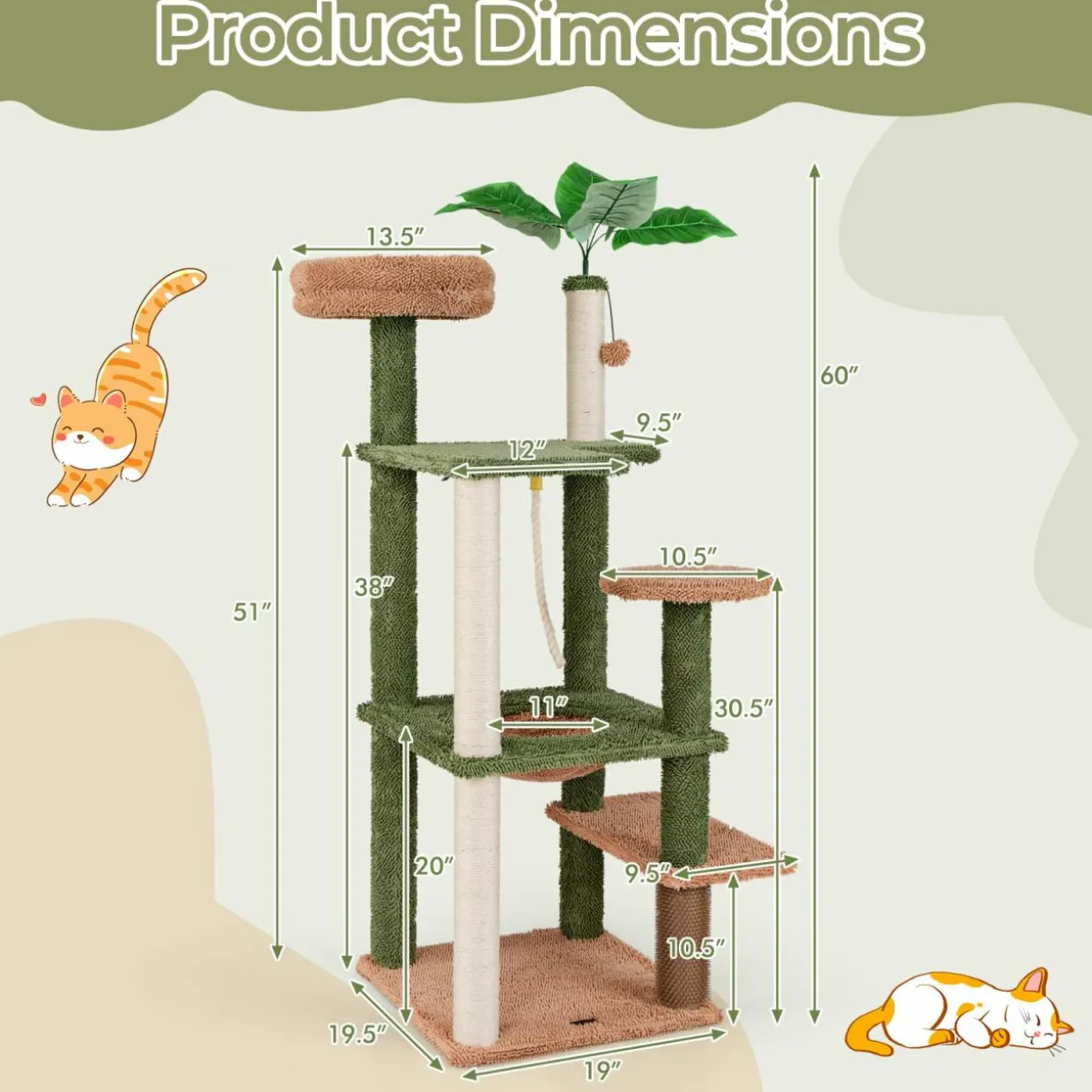 Tangkula Plant Cat Tree, 60 Inch Green Aesthetic Cat Tower with Sisal Scratching Posts