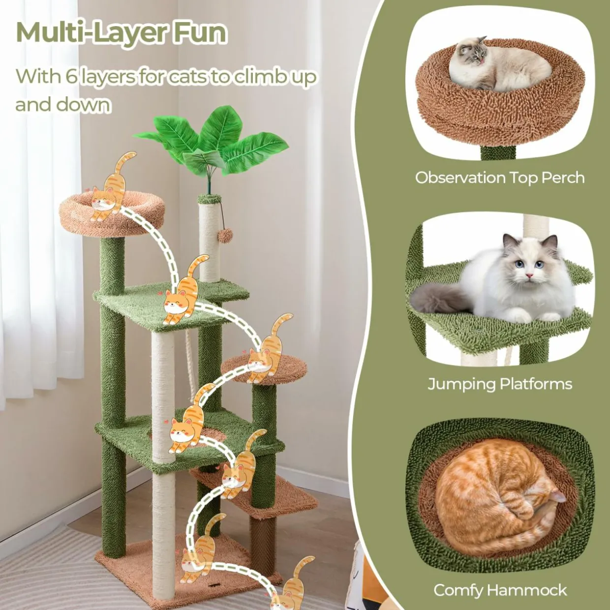 Tangkula Plant Cat Tree, 60 Inch Green Aesthetic Cat Tower with Sisal Scratching Posts