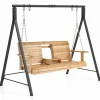 Tangkula Porch Swing with Stand, Wood Hanging Patio Swing with 2 Cupholder & Heavy-Duty A-Shaped Metal Frame