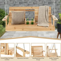 Tangkula Porch Swing with Stand, Wood Hanging Patio Swing with 2 Cupholder & Heavy-Duty A-Shaped Metal Frame
