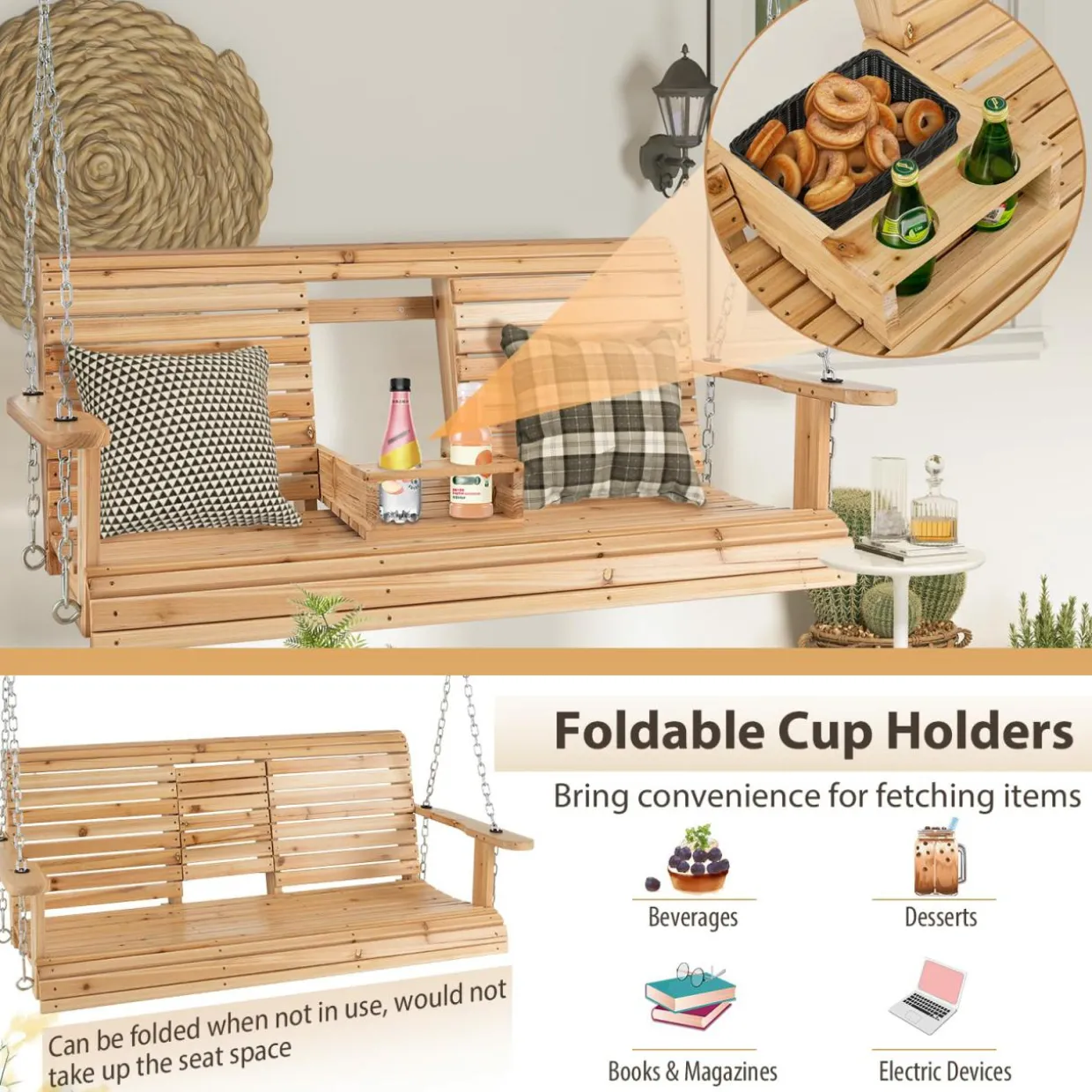 Tangkula Porch Swing with Stand, Wood Hanging Patio Swing with 2 Cupholder & Heavy-Duty A-Shaped Metal Frame