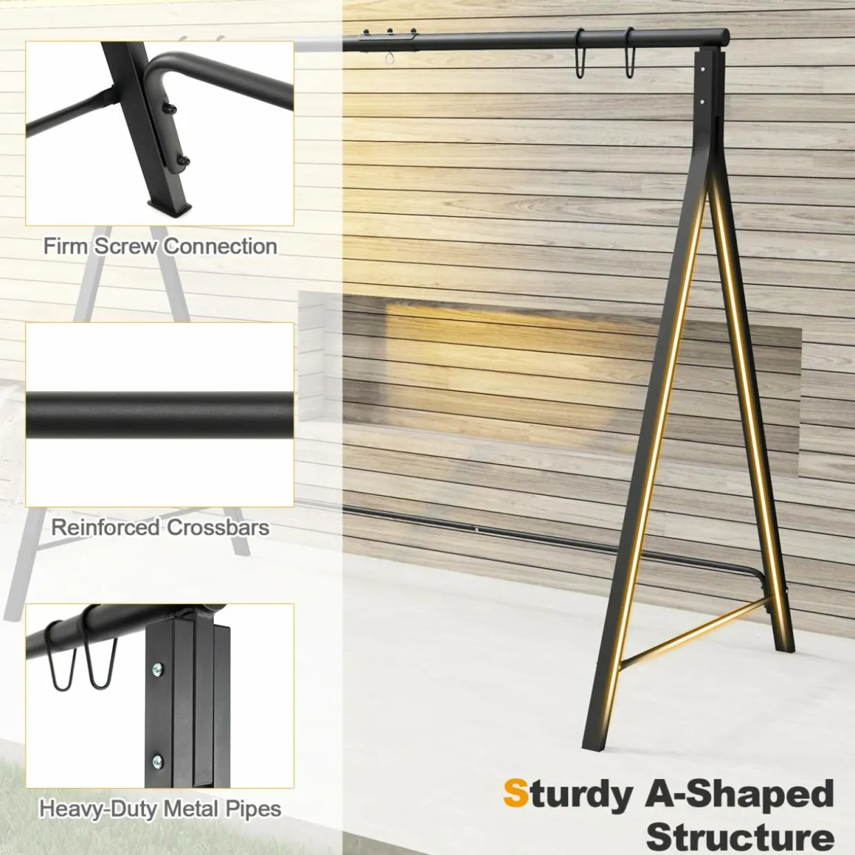 Tangkula Porch Swing with Stand, Wood Hanging Patio Swing with 2 Cupholder & Heavy-Duty A-Shaped Metal Frame