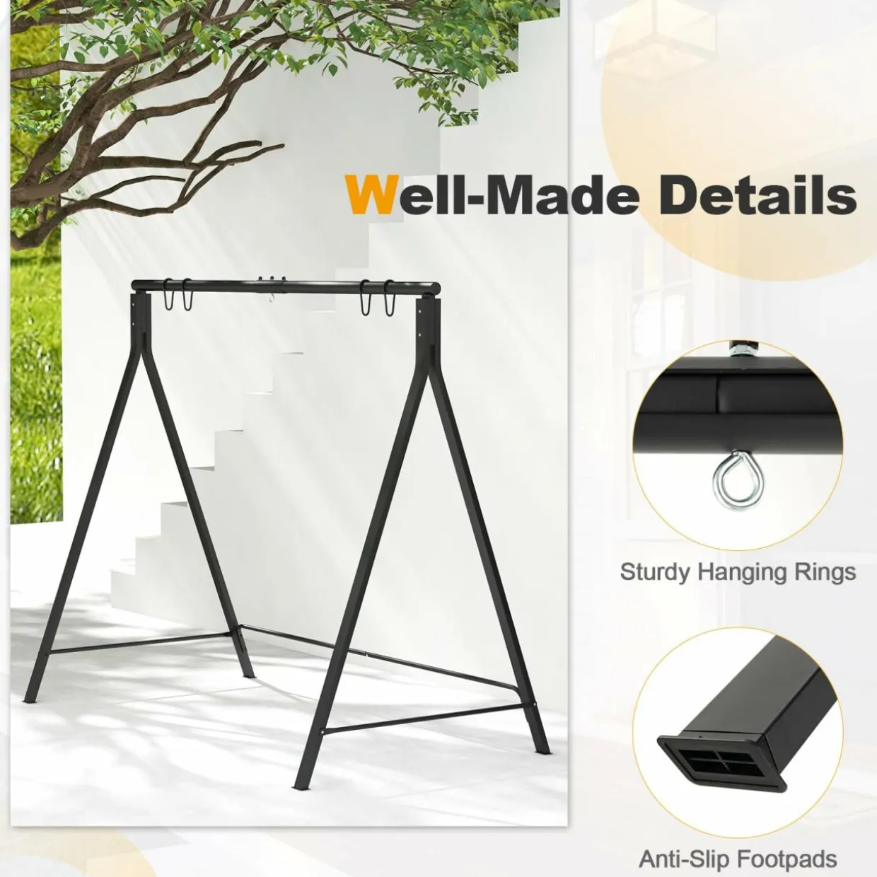Tangkula Porch Swing with Stand, Wood Hanging Patio Swing with 2 Cupholder & Heavy-Duty A-Shaped Metal Frame
