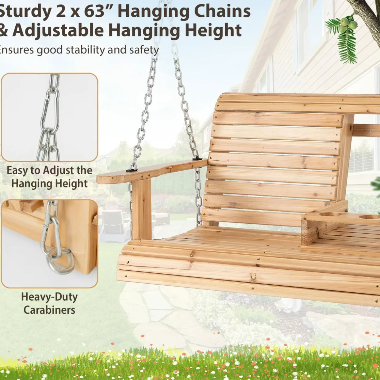 Tangkula Porch Swing with Stand, Wood Hanging Patio Swing with 2 Cupholder & Heavy-Duty A-Shaped Metal Frame