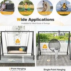 Tangkula Porch Swing with Stand, Wood Hanging Patio Swing with 2 Cupholder & Heavy-Duty A-Shaped Metal Frame