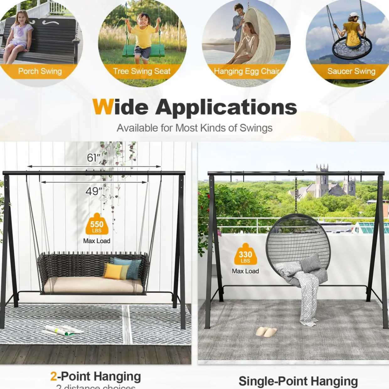 Tangkula Porch Swing with Stand, Wood Hanging Patio Swing with 2 Cupholder & Heavy-Duty A-Shaped Metal Frame