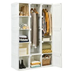 Tangkula Portable Closet Wardrobe, Foldable Clothes Organizer with Cubby Storage, Hanging Rods