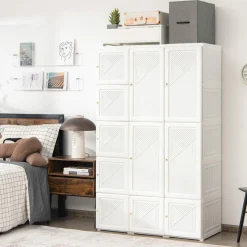 Tangkula Portable Closet Wardrobe, Foldable Clothes Organizer with Cubby Storage, Hanging Rods
