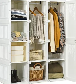 Tangkula Portable Closet Wardrobe, Foldable Clothes Organizer with Cubby Storage, Hanging Rods