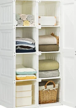 Tangkula Portable Closet Wardrobe, Foldable Clothes Organizer with Cubby Storage, Hanging Rods