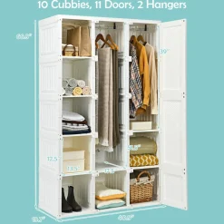 Tangkula Portable Closet Wardrobe, Foldable Clothes Organizer with Cubby Storage, Hanging Rods