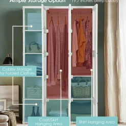 Tangkula Portable Closet Wardrobe, Foldable Clothes Organizer with Cubby Storage, Hanging Rods