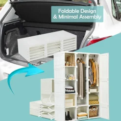 Tangkula Portable Closet Wardrobe, Foldable Clothes Organizer with Cubby Storage, Hanging Rods
