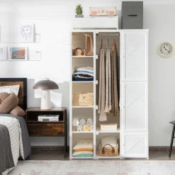 Tangkula Portable Closet Wardrobe, Foldable Clothes Organizer with Cubby Storage, Hanging Rods