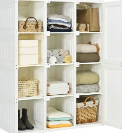 Tangkula Portable Closet Wardrobe, Foldable Clothes Organizer with Cubby Storage, Hanging Rods