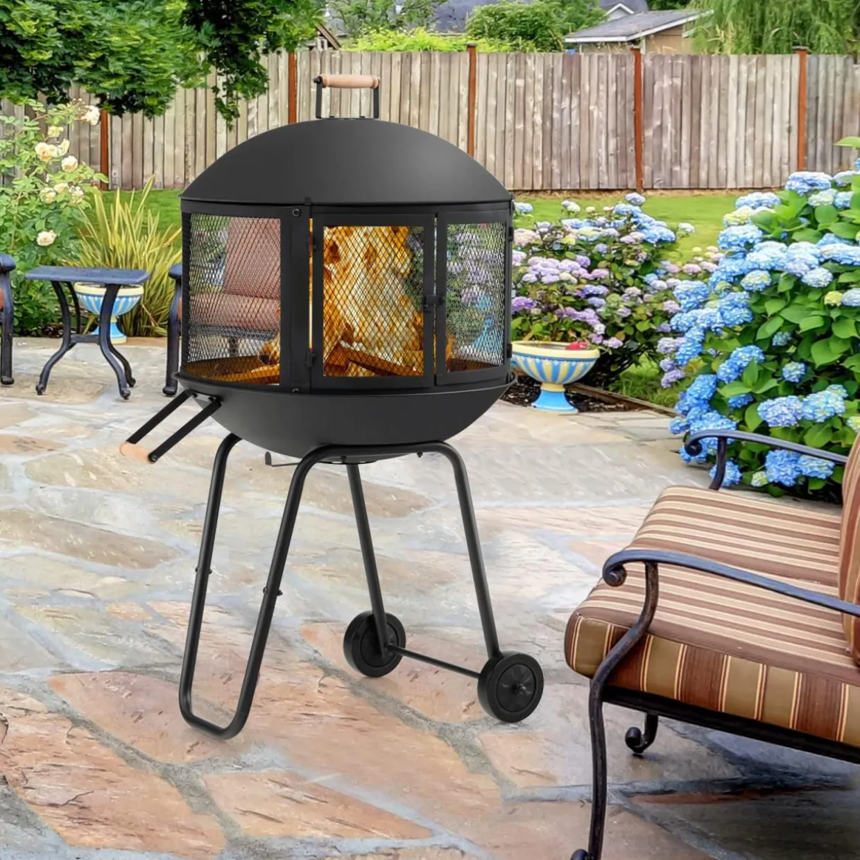 Tangkula Portable Fire Pit with Wheels, 28 Inch Wood Burning Fire Pit with Log Grate