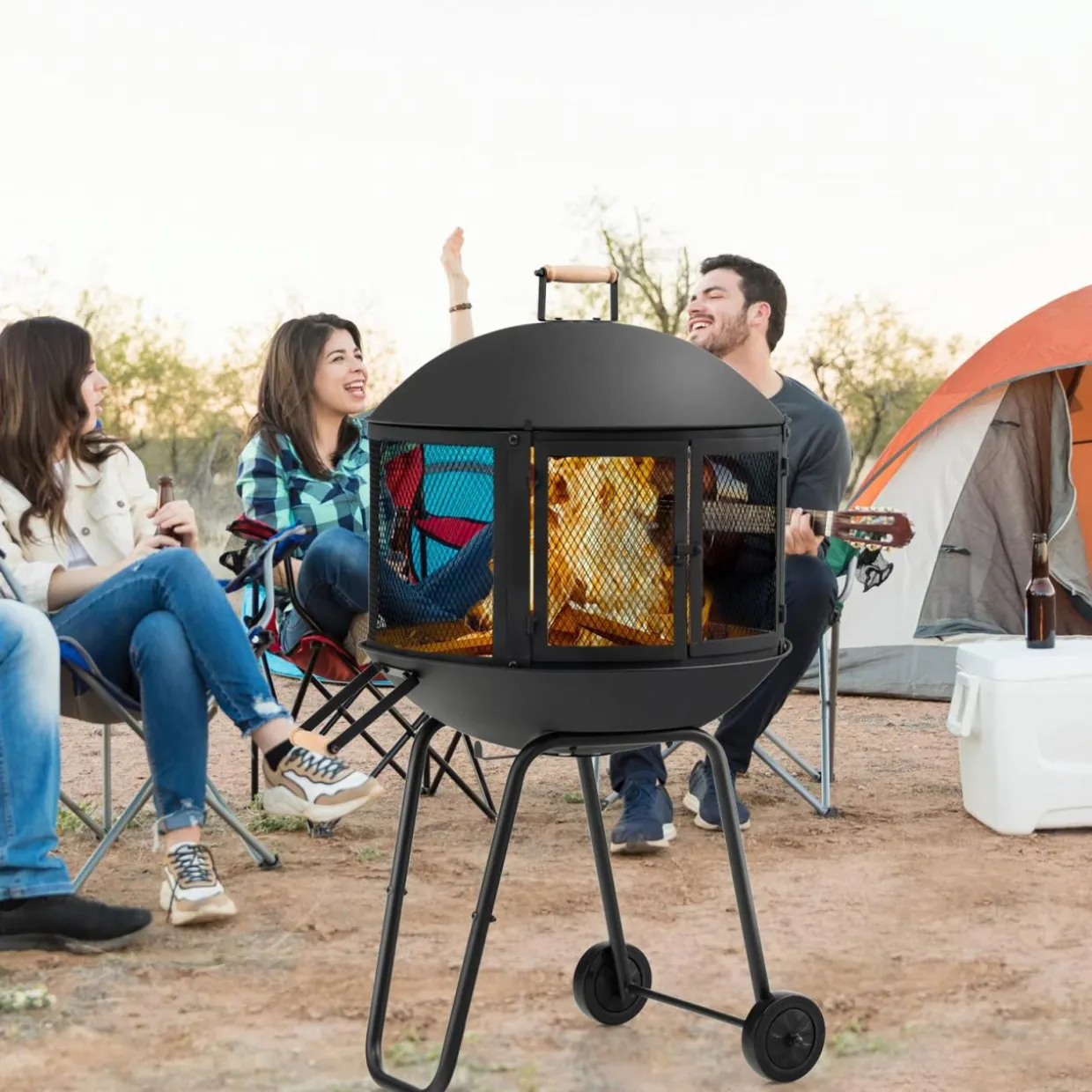 Tangkula Portable Fire Pit with Wheels, 28 Inch Wood Burning Fire Pit with Log Grate