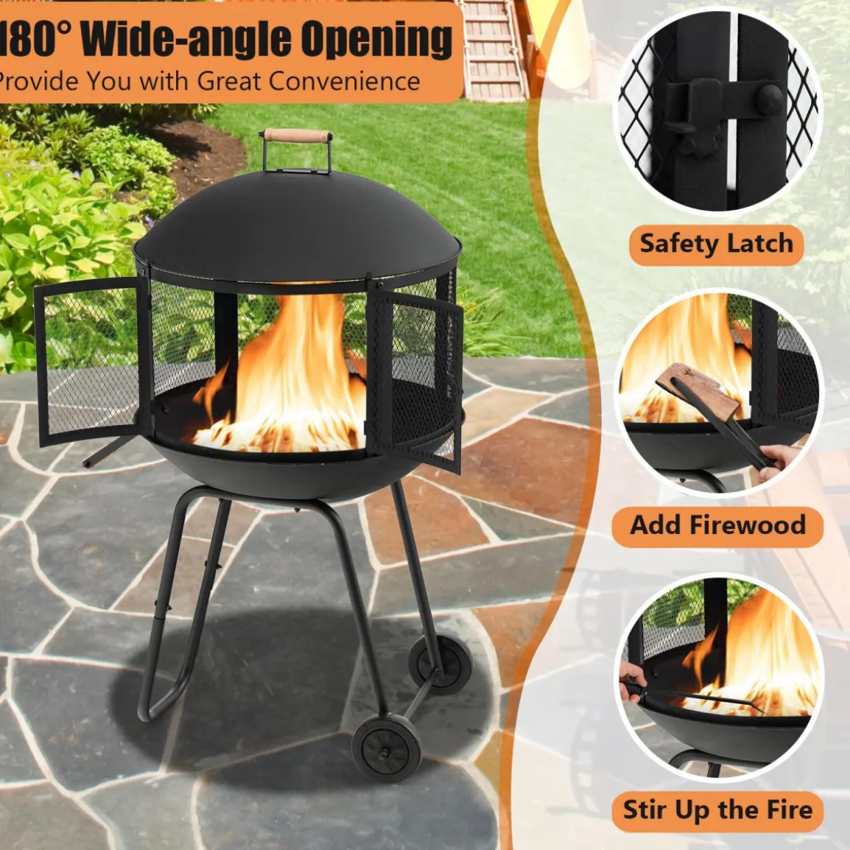 Tangkula Portable Fire Pit with Wheels, 28 Inch Wood Burning Fire Pit with Log Grate