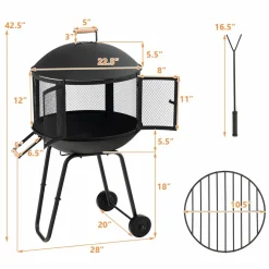 Tangkula Portable Fire Pit with Wheels, 28 Inch Wood Burning Fire Pit with Log Grate