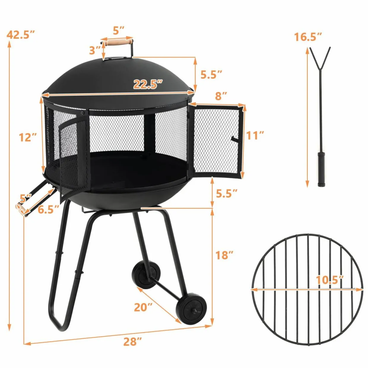Tangkula Portable Fire Pit with Wheels, 28 Inch Wood Burning Fire Pit with Log Grate
