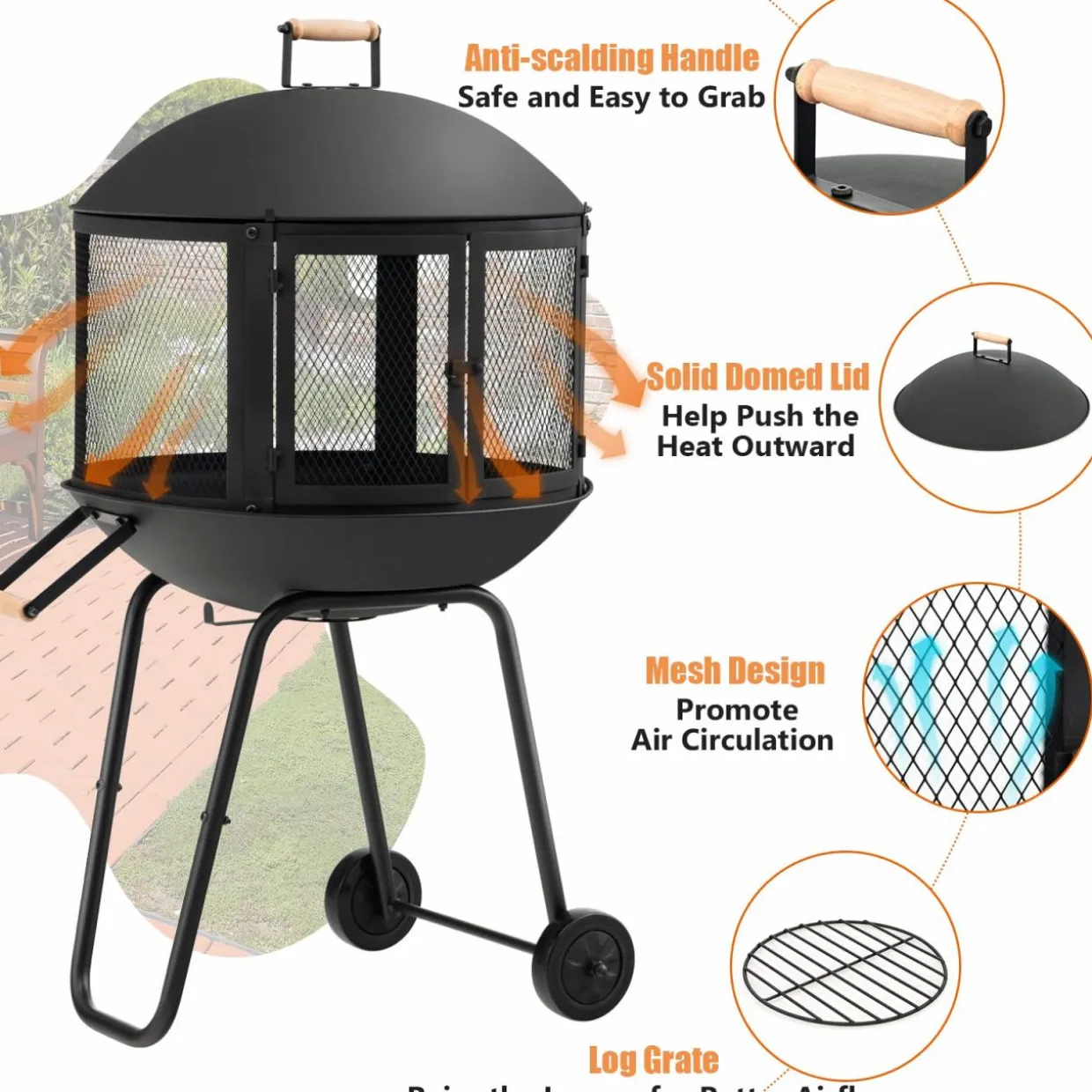 Tangkula Portable Fire Pit with Wheels, 28 Inch Wood Burning Fire Pit with Log Grate