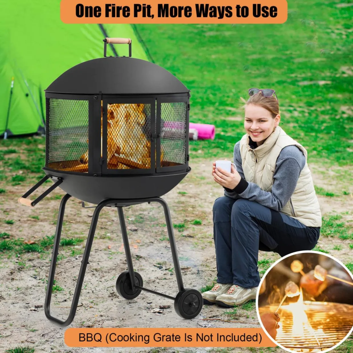 Tangkula Portable Fire Pit with Wheels, 28 Inch Wood Burning Fire Pit with Log Grate
