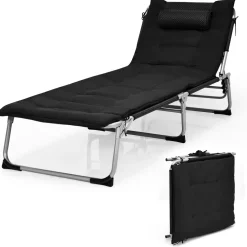 Tangkula 4-Position Folding Chaise Lounge Chair, Tri-Fold Portable Chaise Lounge Chair with Mattress, Pillow, Side Pocket