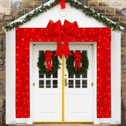 Tangkula Pre-Lit Christmas Doorway Arch w/Bow, LED Lighted Festive Door Decoration w/ 240 Red LED Lights