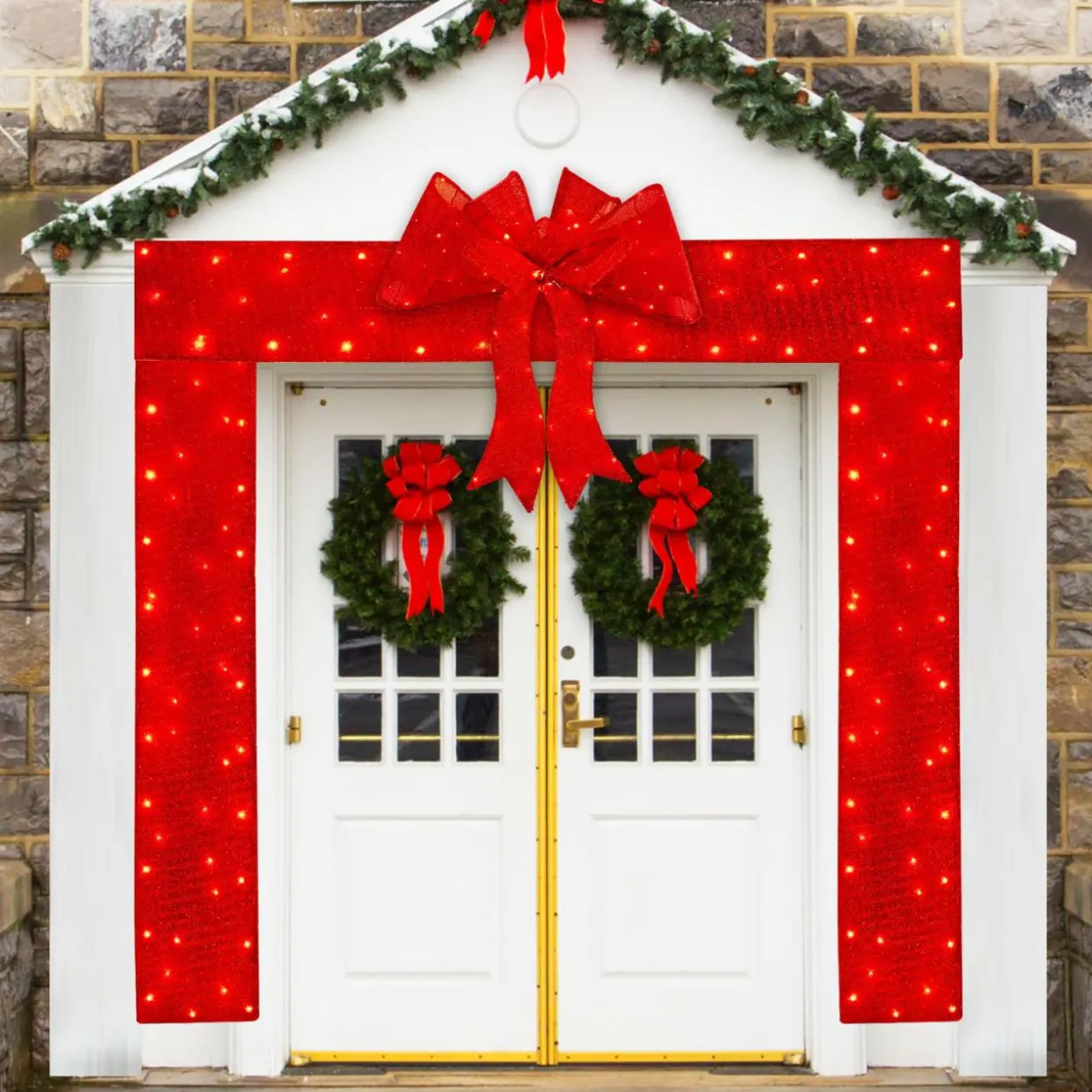 Tangkula Pre-Lit Christmas Doorway Arch w/Bow, LED Lighted Festive Door Decoration w/ 240 Red LED Lights