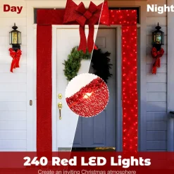 Tangkula Pre-Lit Christmas Doorway Arch w/Bow, LED Lighted Festive Door Decoration w/ 240 Red LED Lights