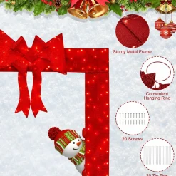 Tangkula Pre-Lit Christmas Doorway Arch w/Bow, LED Lighted Festive Door Decoration w/ 240 Red LED Lights