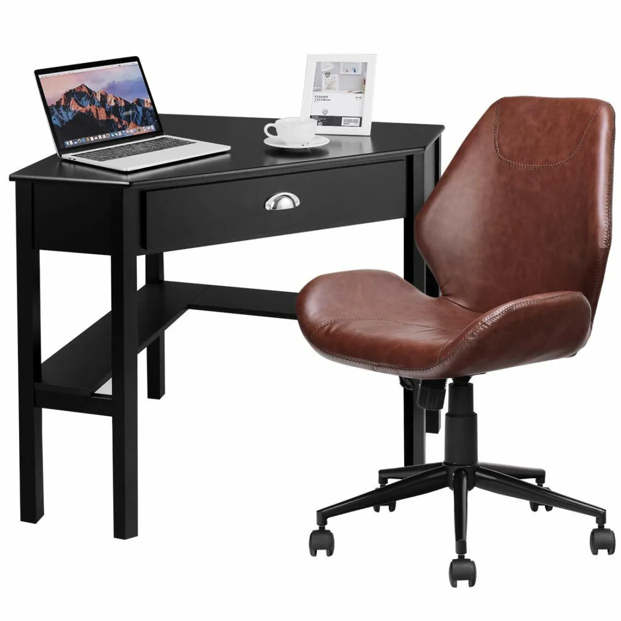 Tangkula 2PS Desk and Chair Set, Corner Desk with Height Adjustable Ergonomic Swivel Chair